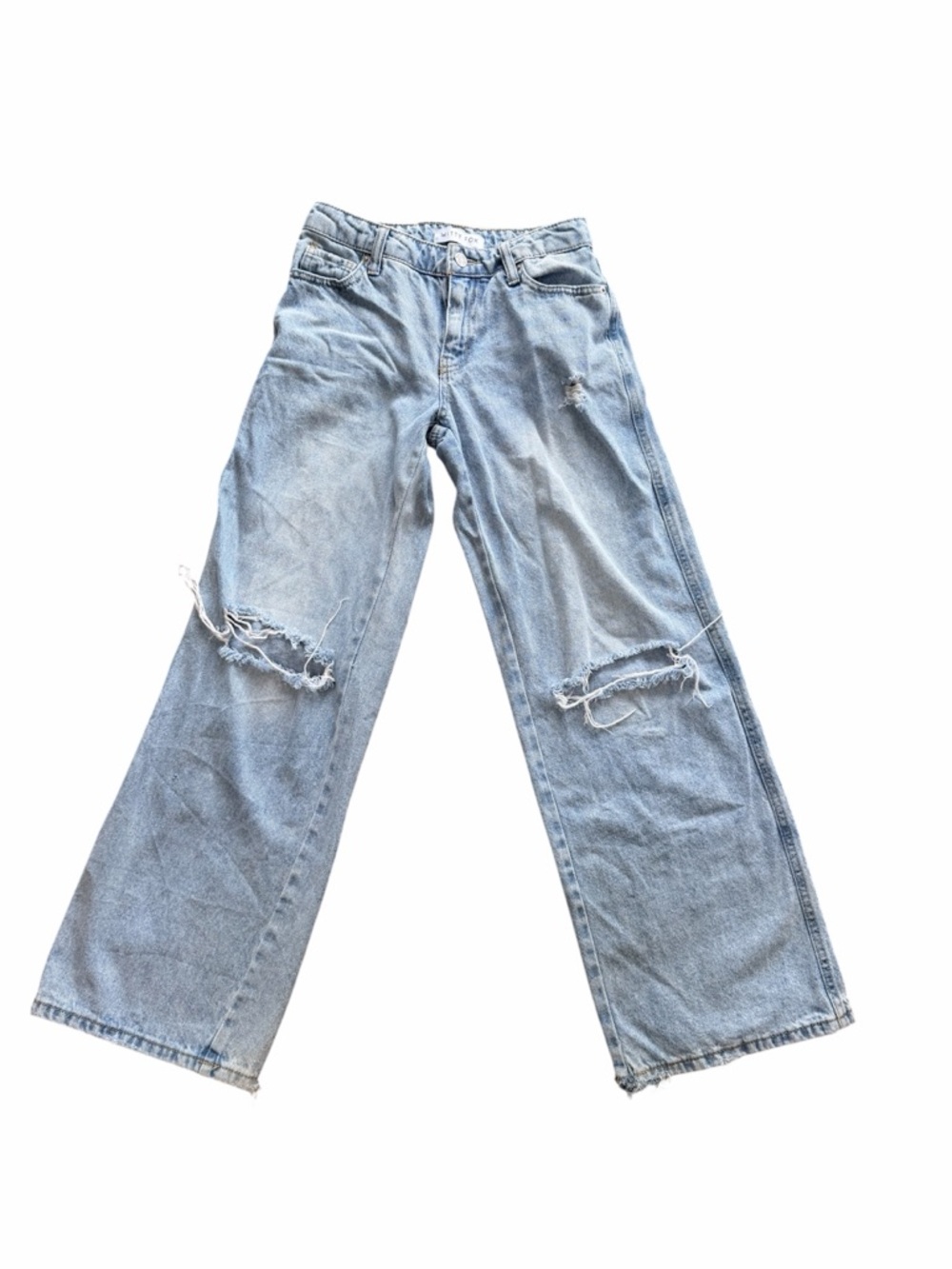 Witty Fox. Size 0/24. Inseam 29. 
Light Wash Distressed Wide Leg Jeans